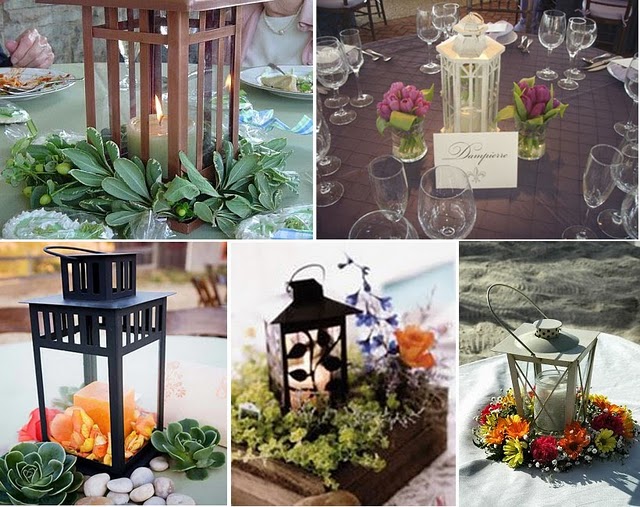 4 lantern centerpieces whether surrounded by flowers filled with candles 